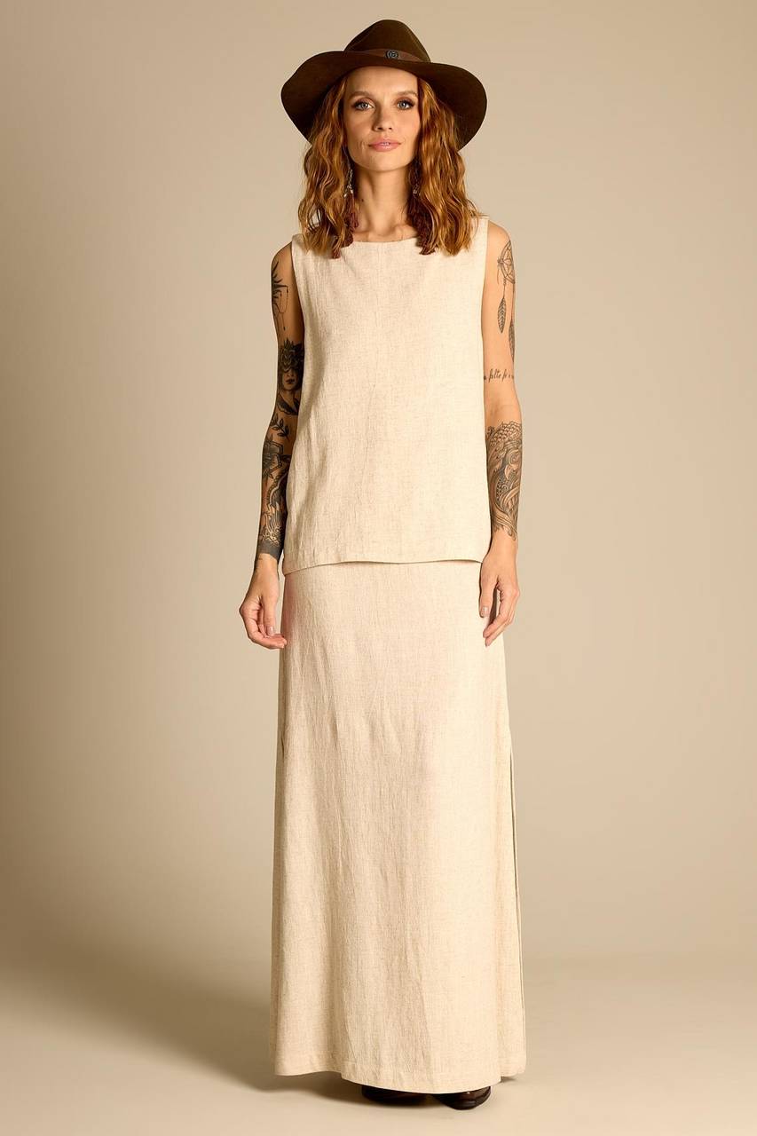 Yacamim A8 Beige A-line Long Skirt with Slits