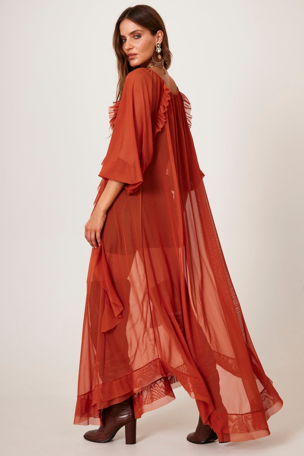 Yacamim Long Ruffled Tulle Dress Terracotta D4