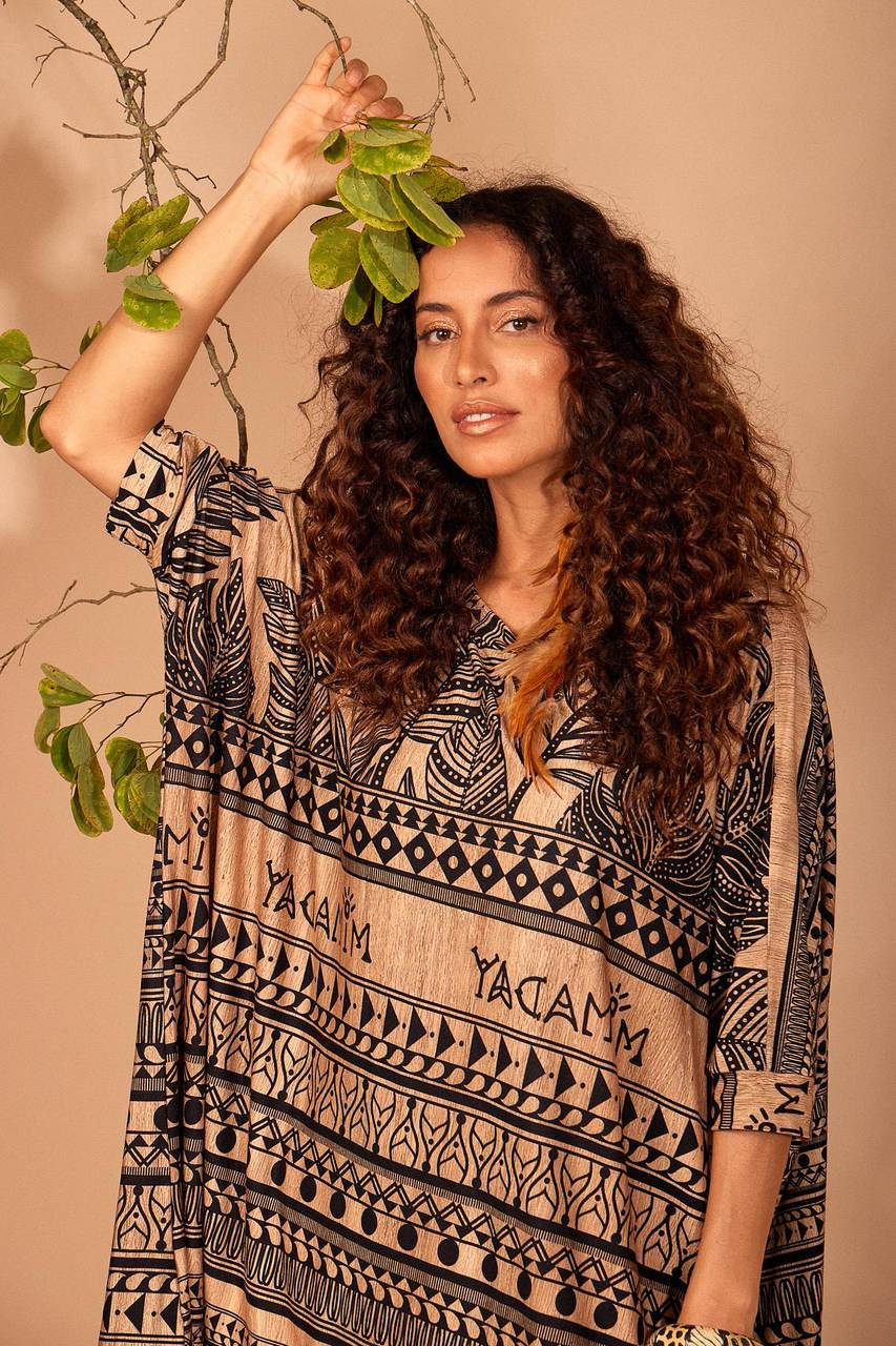 Brown Yacamim Loose Tunic with Short Sleeves and Maori Print
