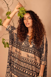 Brown Yacamim Loose Tunic with Short Sleeves and Maori Print