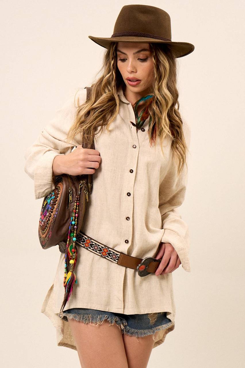 Yacamim A27 Beige Extended Viscose Linen Loose Shirt