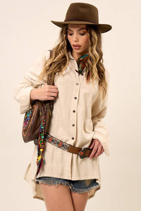 Yacamim A27 Beige Extended Viscose Linen Loose Shirt