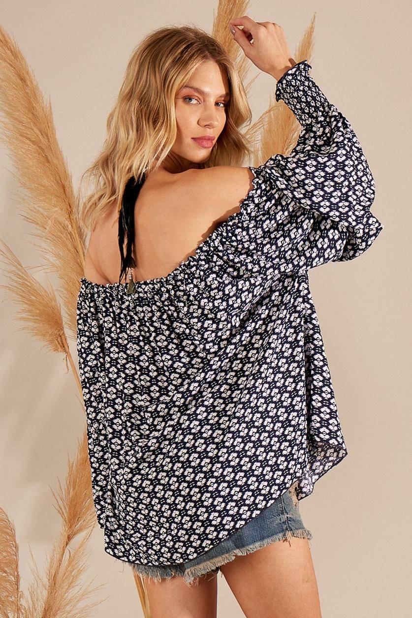 Yacamim Black Printed Puffed Long Sleeve Gypsy Tunic