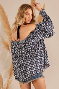 Yacamim Black Printed Puffed Long Sleeve Gypsy Tunic