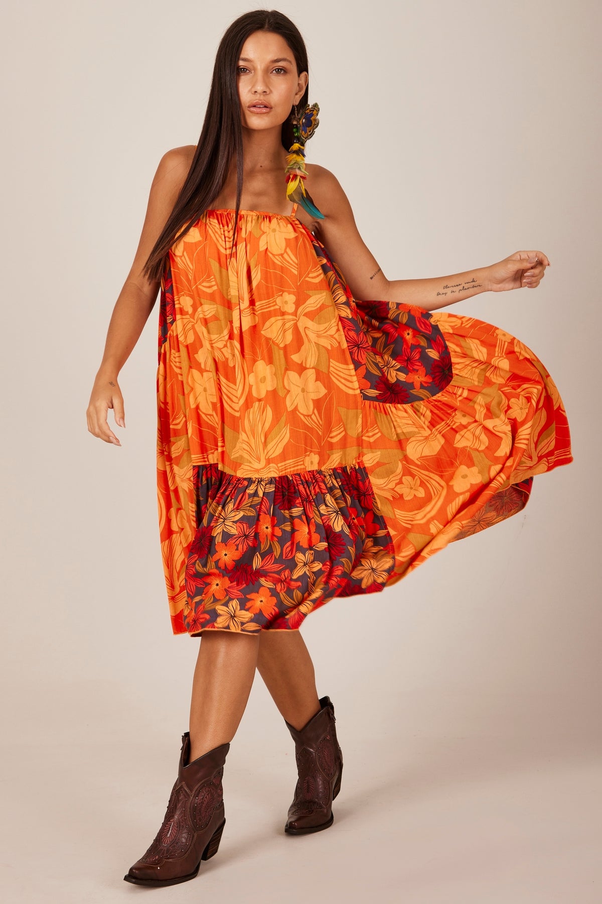 Yacamim C23 Patchwork Orange Short Dress with Cut-outs