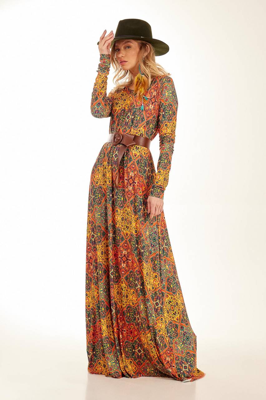 Long Dress with Tight Long Sleeves, Arabesque Print Yacamim