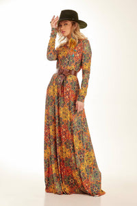Long Dress with Tight Long Sleeves, Arabesque Print Yacamim