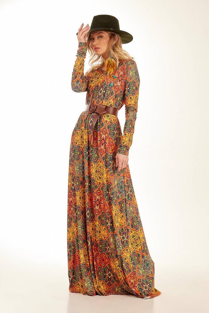 Long Dress with Tight Long Sleeves, Arabesque Print Yacamim