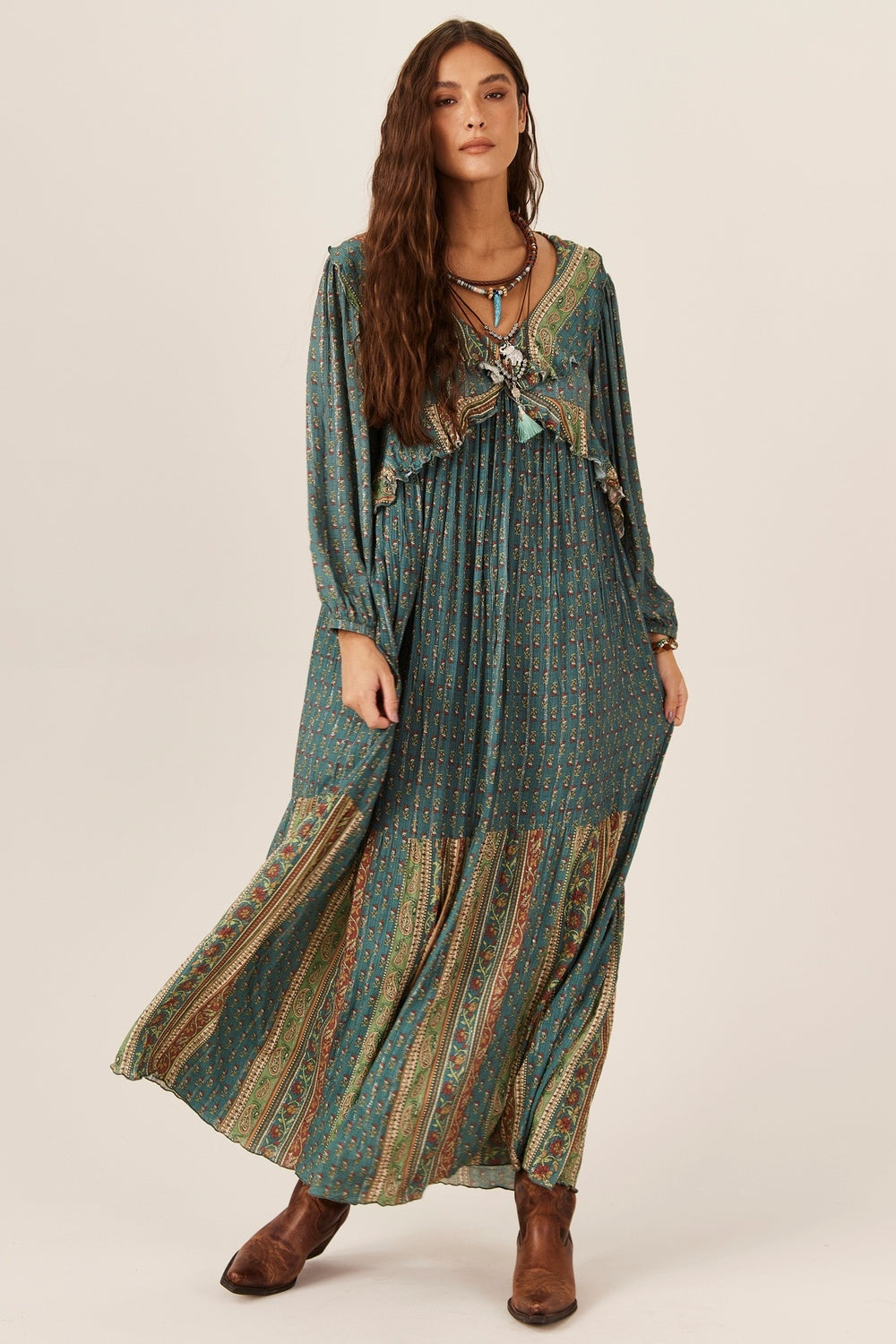 Long Dress with Lurex Ruffles Green Yacamim C1