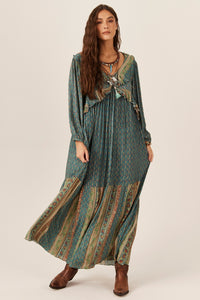 Long Dress with Lurex Ruffles Green Yacamim C1