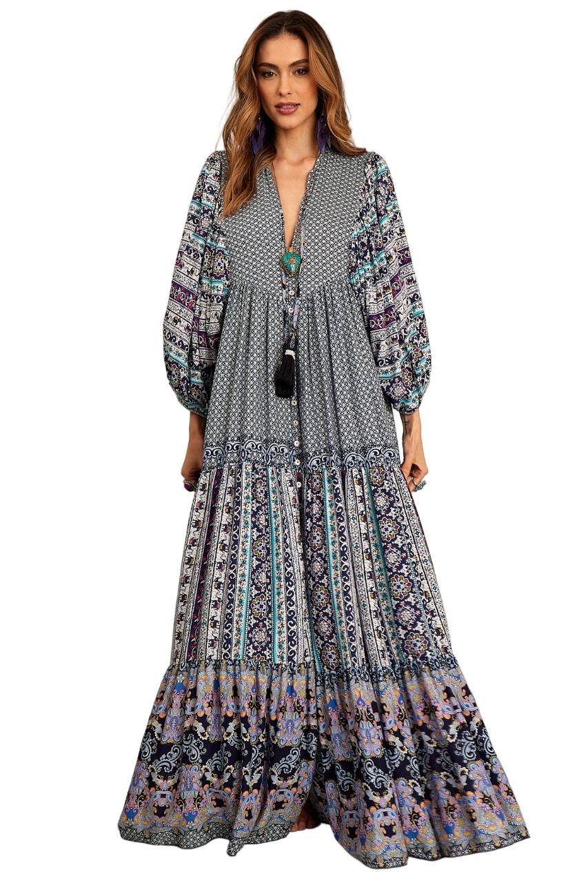 Yacamim Patchwork Blue Long Chemise Dress with Puffed Long Sleeves