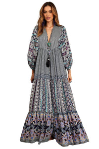 Yacamim Patchwork Blue Long Chemise Dress with Puffed Long Sleeves