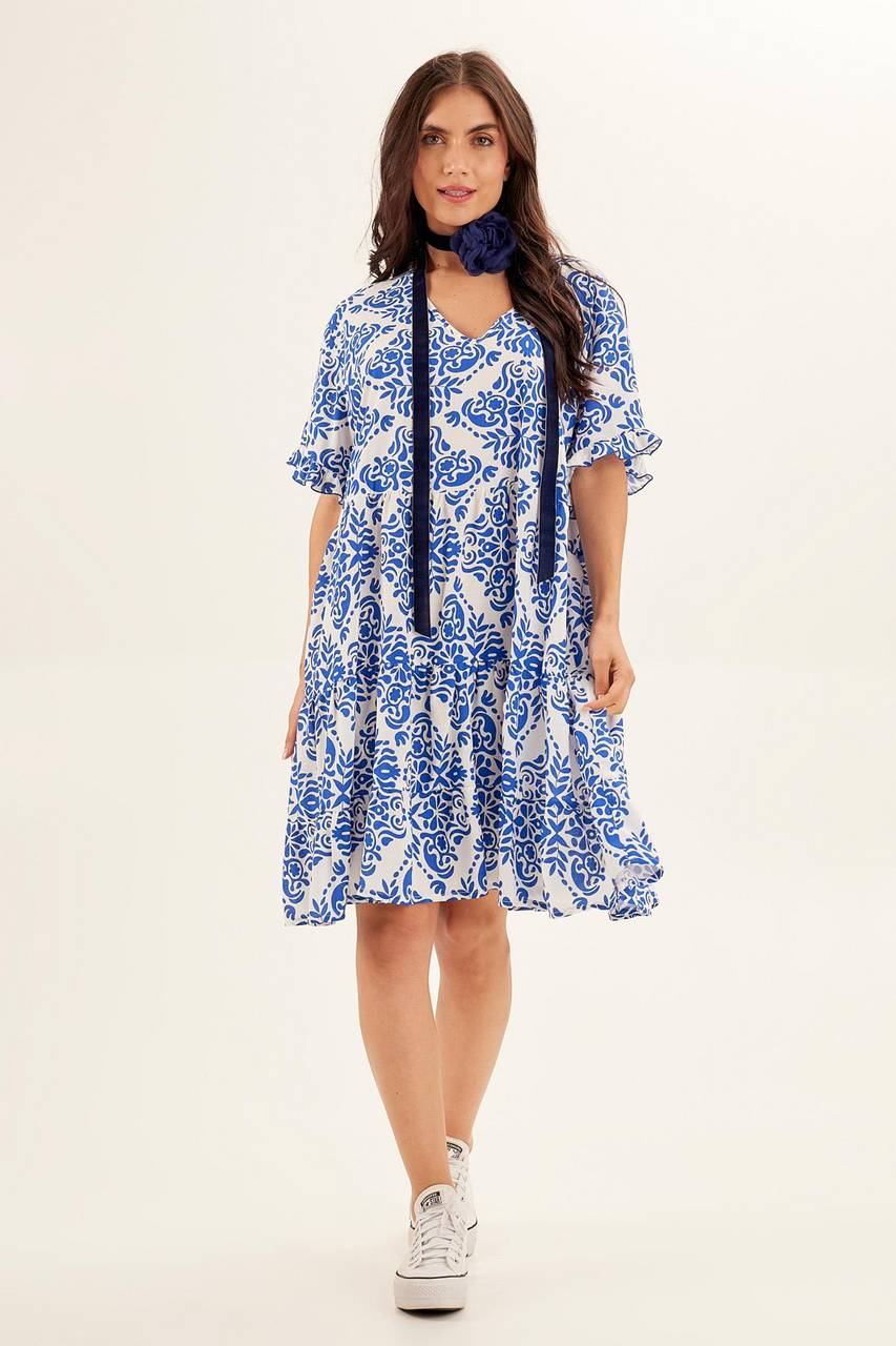 Yacamim Printed Blue V-Neck Short Dress