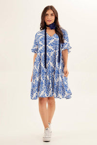 Yacamim Printed Blue V-Neck Short Dress