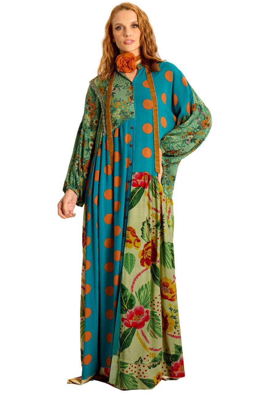 Yacamim Green Patchwork Long Chemise Dress with Asymmetrical Cutouts