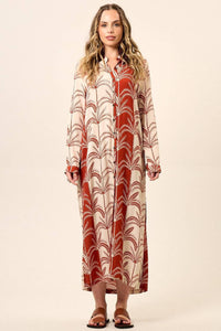 Yacamim N5 Long Beige and Red Printed Long-Sleeved Chemise