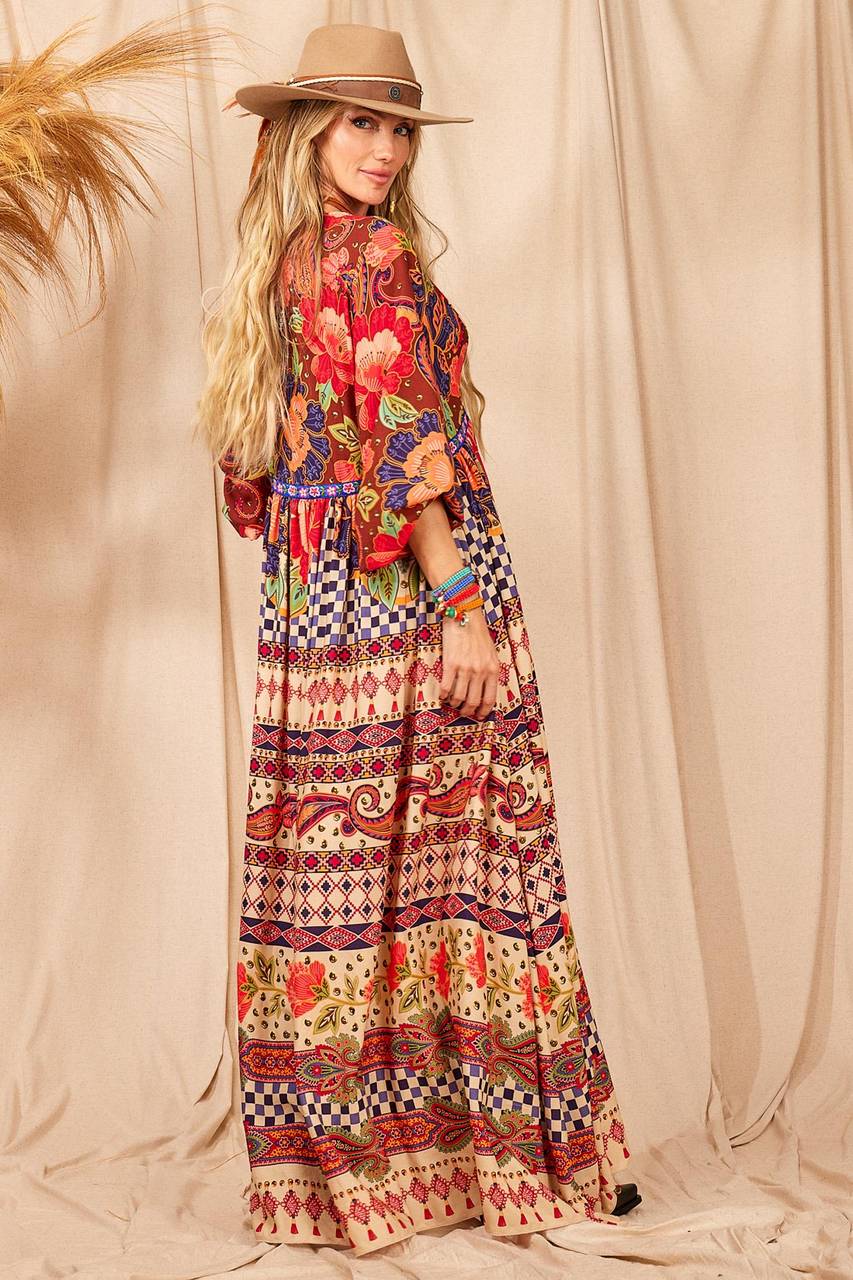 Yacamim Red Printed V-Neck Maxi Dress