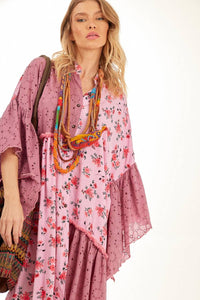 Yacamim Pink Patchwork Short Chemise Dress with Asymmetrical Ruffles