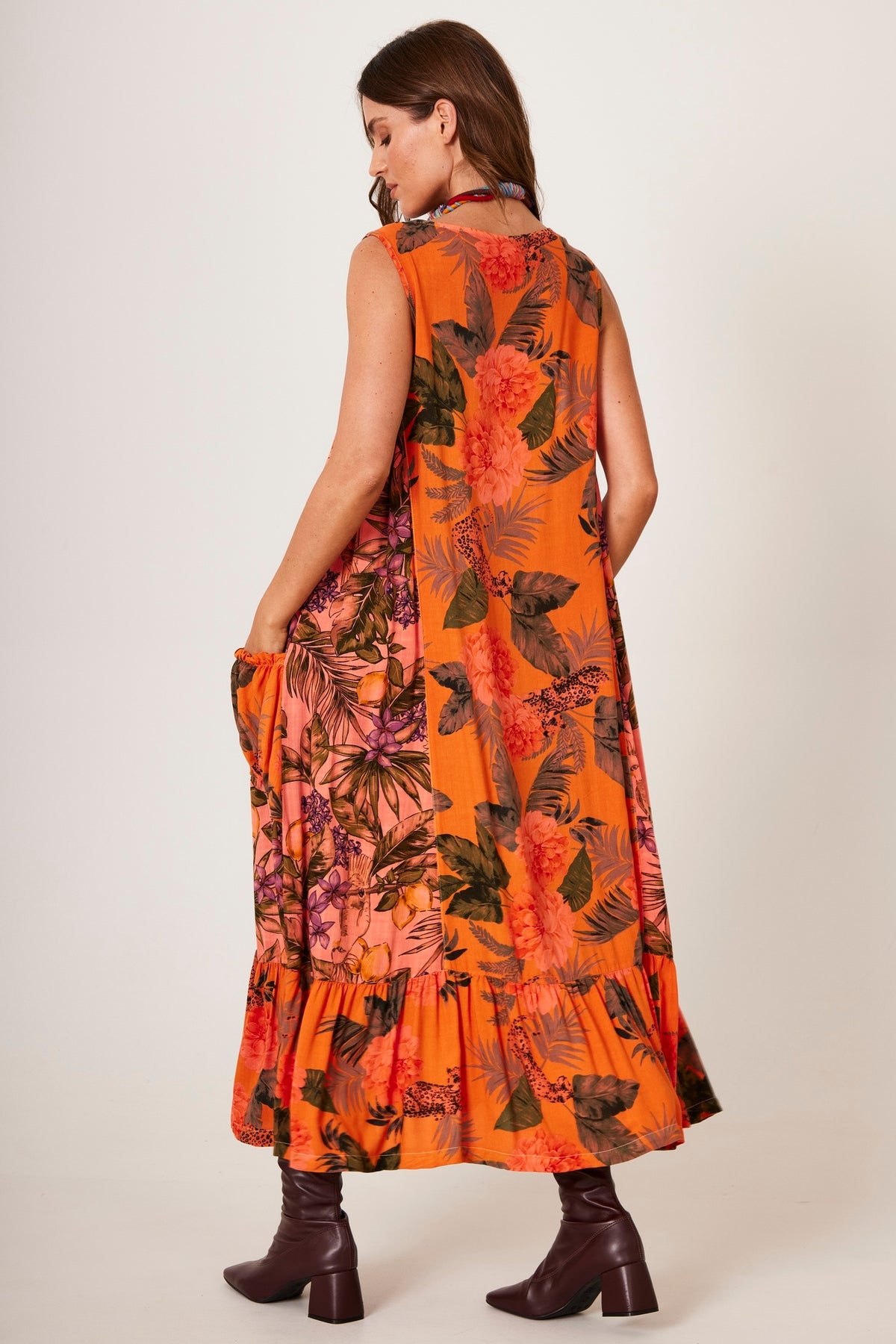 Yacamim D11 Orange Patchwork Sleeveless Midi Dress