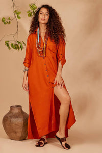 Yacamim Orange Long-Sleeve Shirt Dress