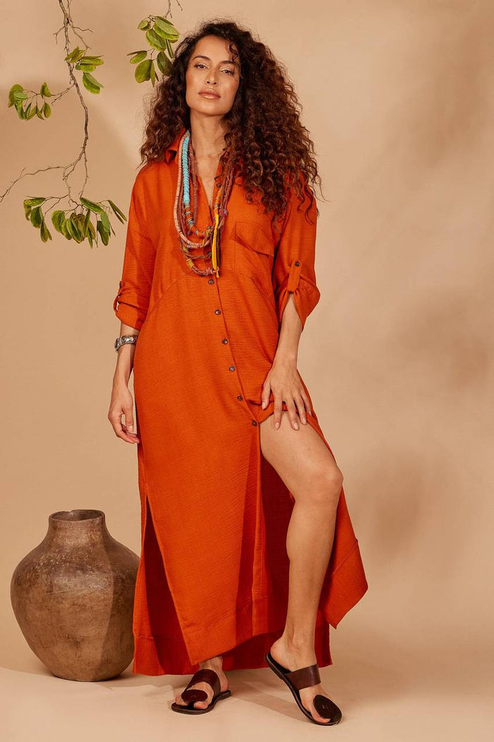 Yacamim Orange Long-Sleeve Shirt Dress