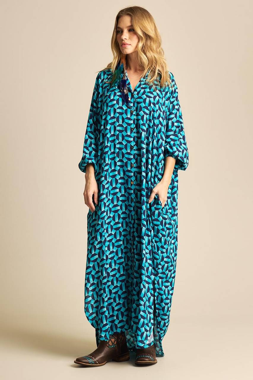Yacamim Blue Printed Long Shirt with Pockets