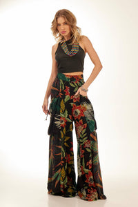 Black Patchwork Yacamim Palazzo Pants with Side Pockets