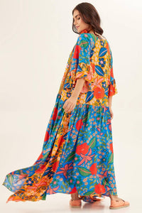Yacamim Yellow and Blue Patchwork Long Dress with Round Neck