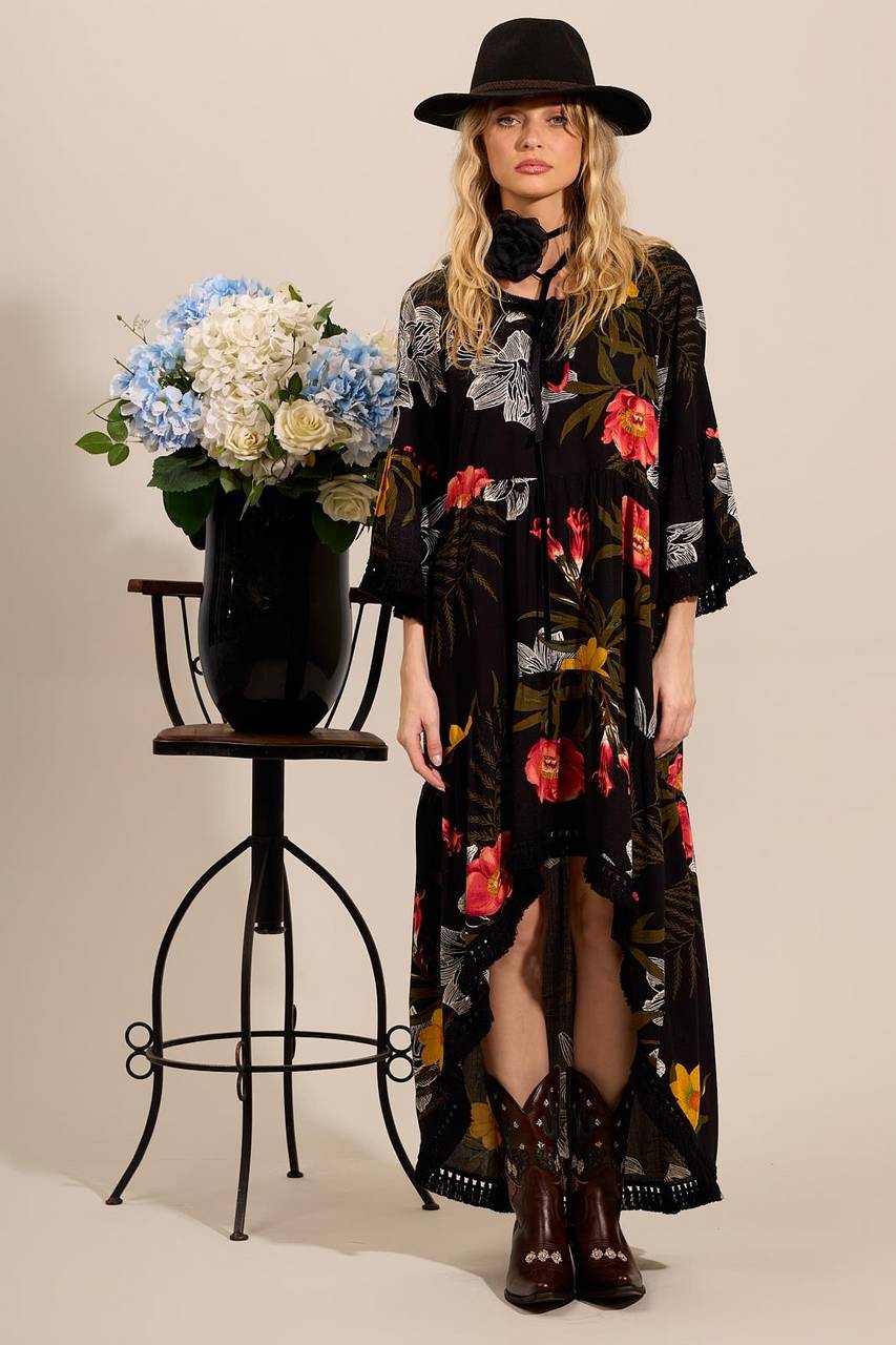 Yacamim C18 Printed Black Mullet Dress with Fringed Cuffs and Hem
