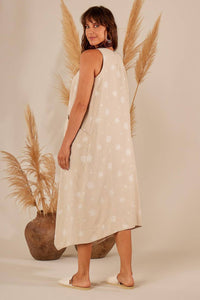 Yacamim Beige Linen Sleeveless Midi Dress with Embroidered Tips