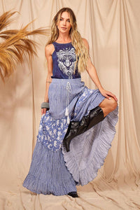 High Waisted Ruffle Patchwork Skirt Blue Yacamim