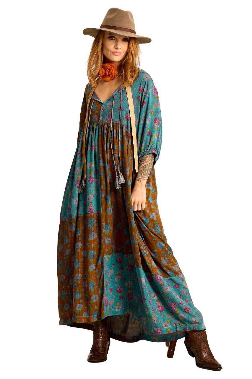 Teal Long Dress with Pom-pom Drawstrings Patchwork Yacamim