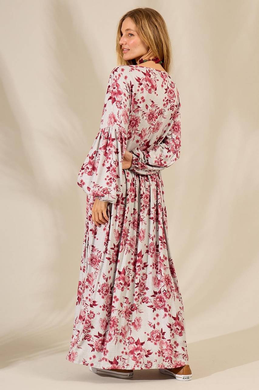 Long Dress with Asymmetrical Cut Gray Burgundy Floral Print Yacamim