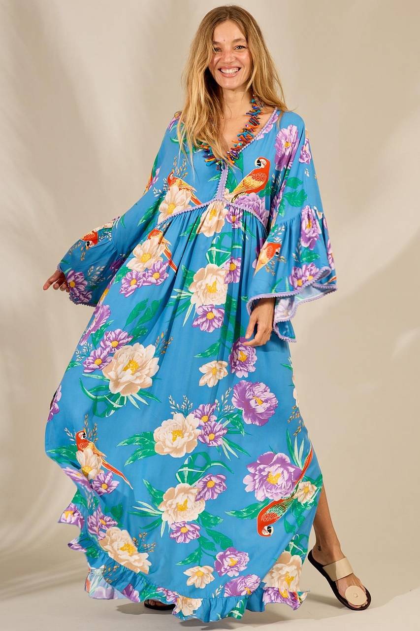Yacamim Light Blue Printed Flare Long Sleeve Long Dress