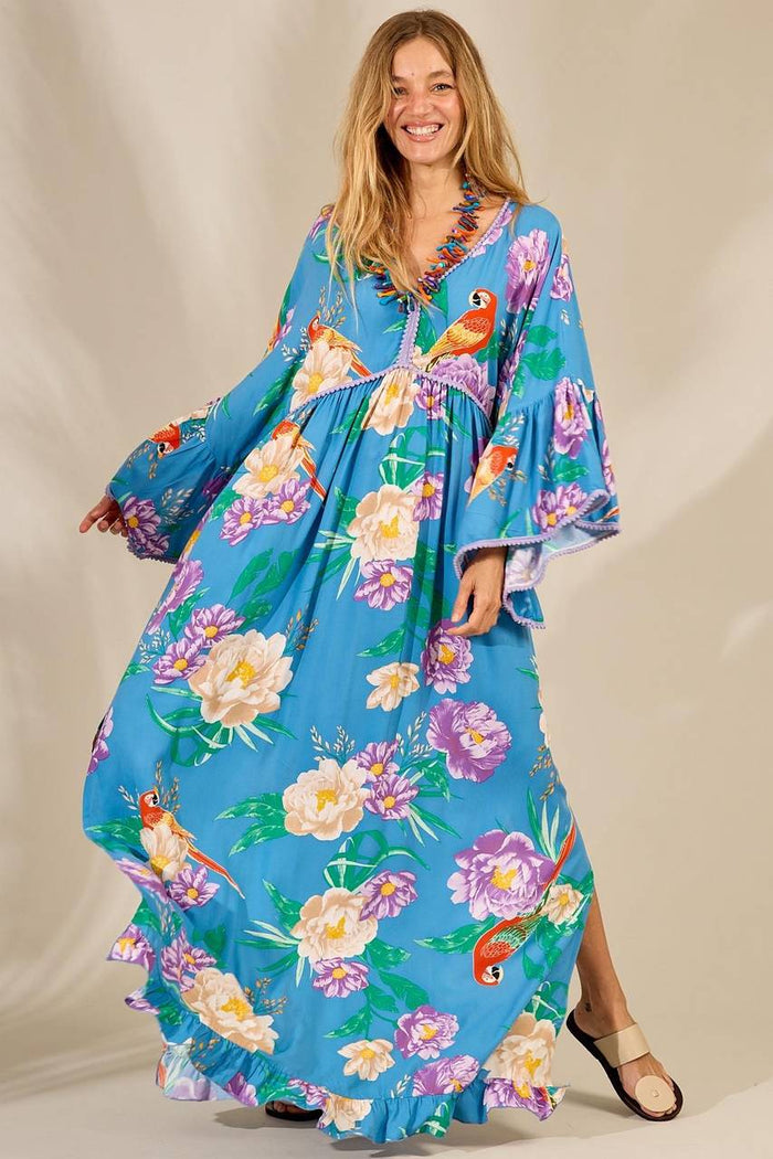 Yacamim Light Blue Printed Flare Long Sleeve Long Dress