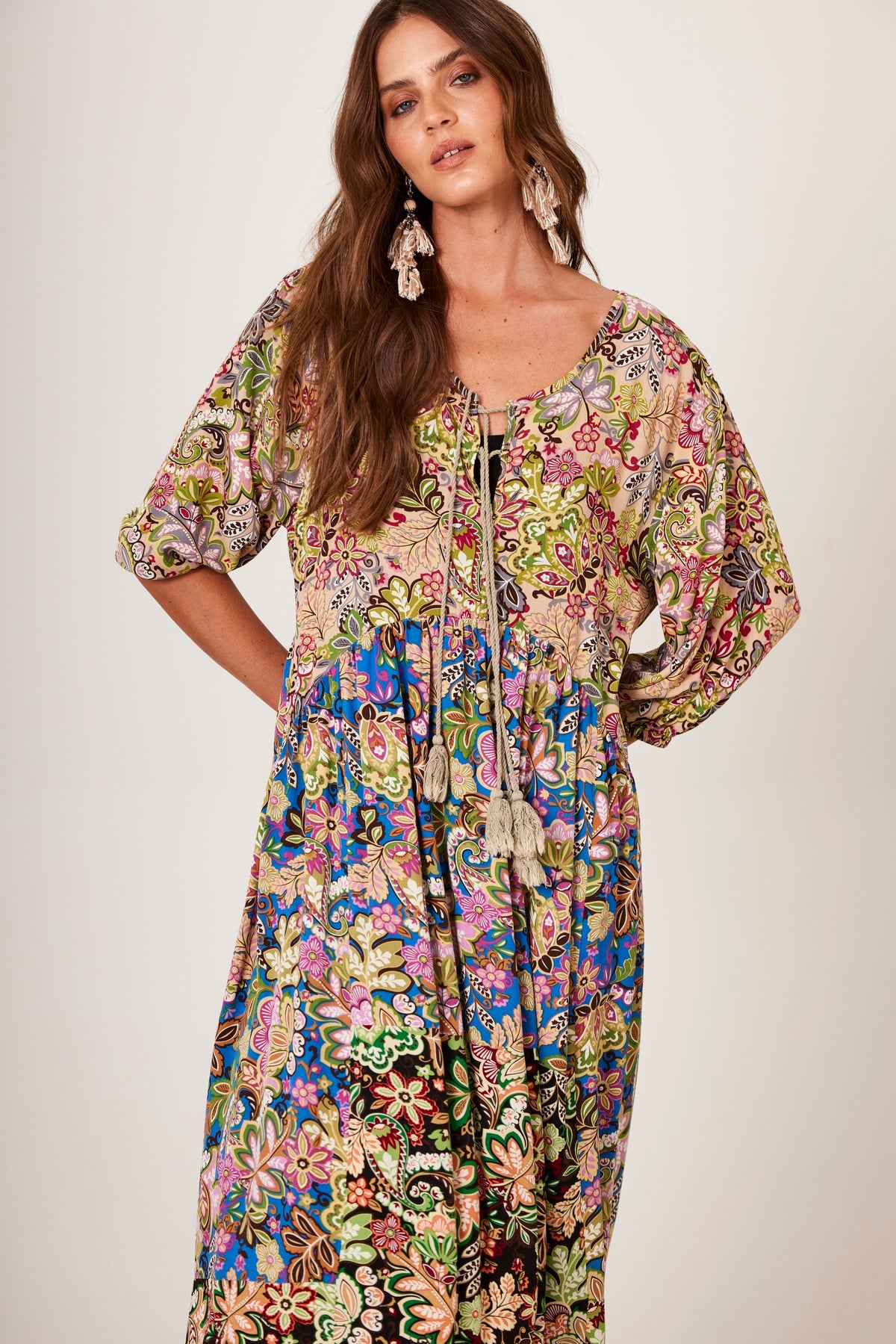 Long Dress With 3/8 Sleeves Green Patchwork Yacamim E14
