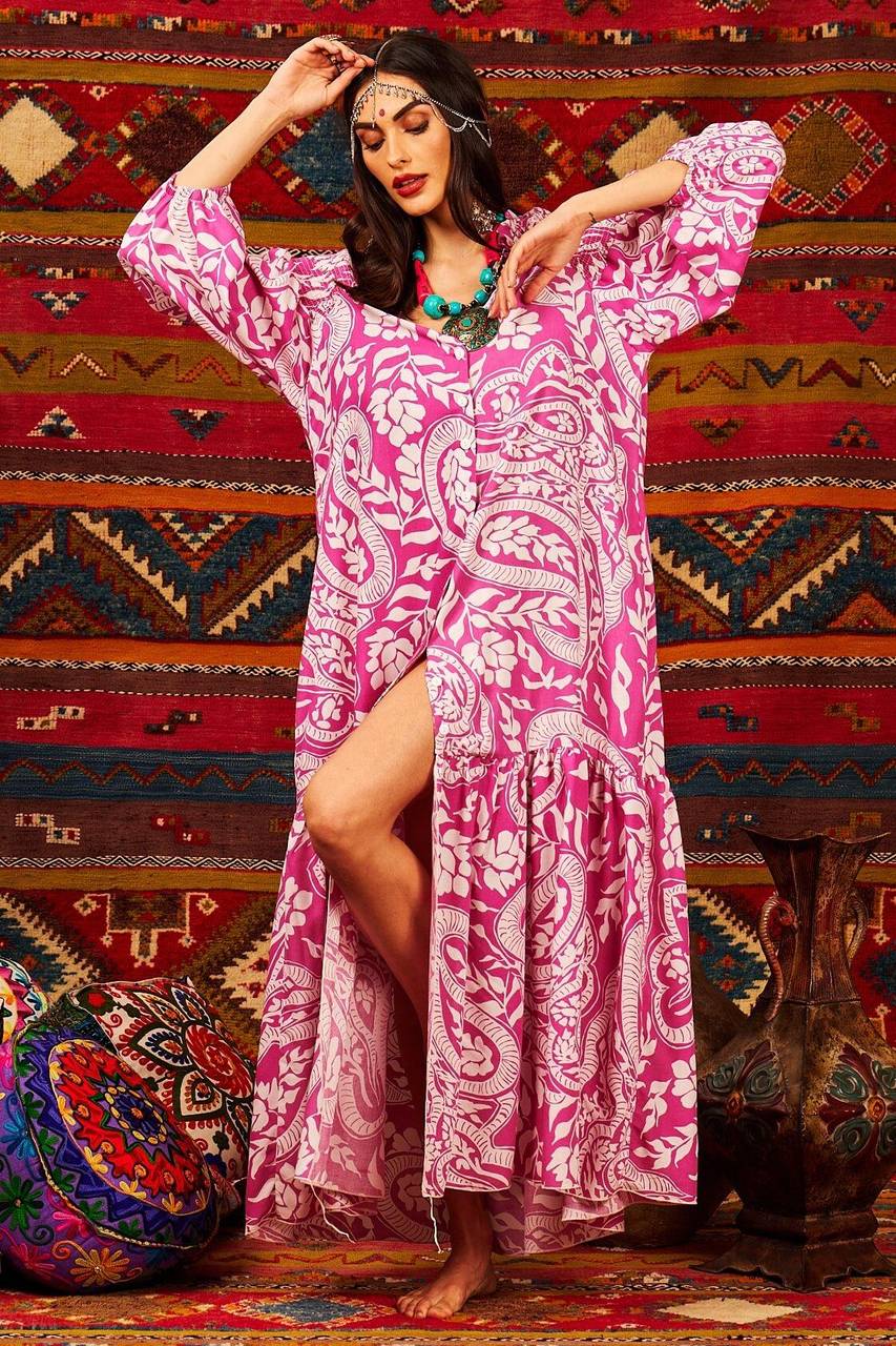 Yacamim Printed Pink Long Chemise Dress with 3/8 Puffed Sleeves
