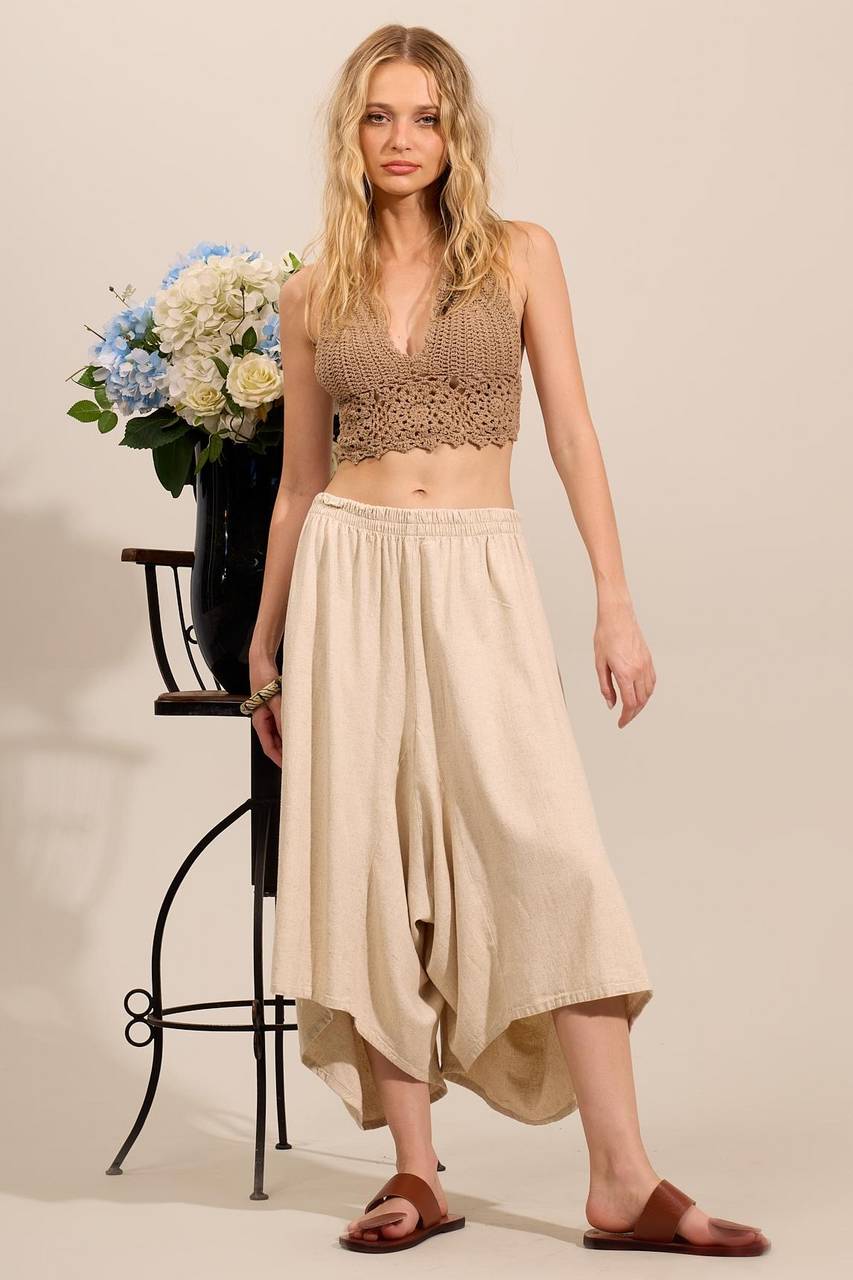 Yacamim Beige High-Waisted Pantacourt Trousers
