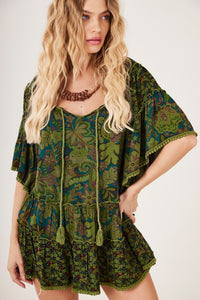 Bata Ampla Decote Ombro A Ombro Verde Patchwork Paisley Yacamim B1
