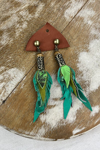 Yacamim #156 Handcrafted Green Leather Earring with Embossed Metal