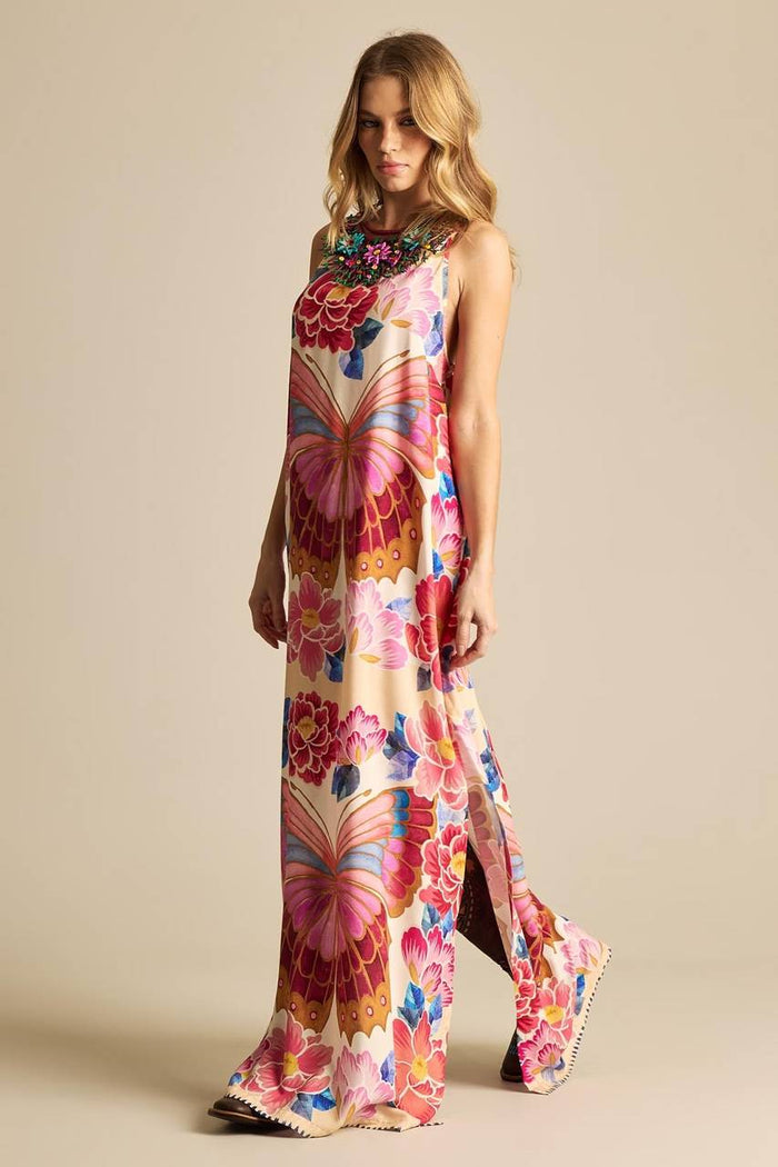 Yacamim E19 Pink Butterfly Print Long Dress with Adjustable Straps