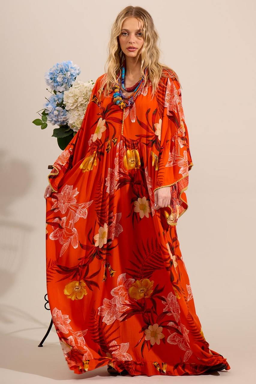Yacamim D12 Orange Printed Long Dress with Flared Long Sleeves