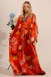 Yacamim D12 Orange Printed Long Dress with Flared Long Sleeves