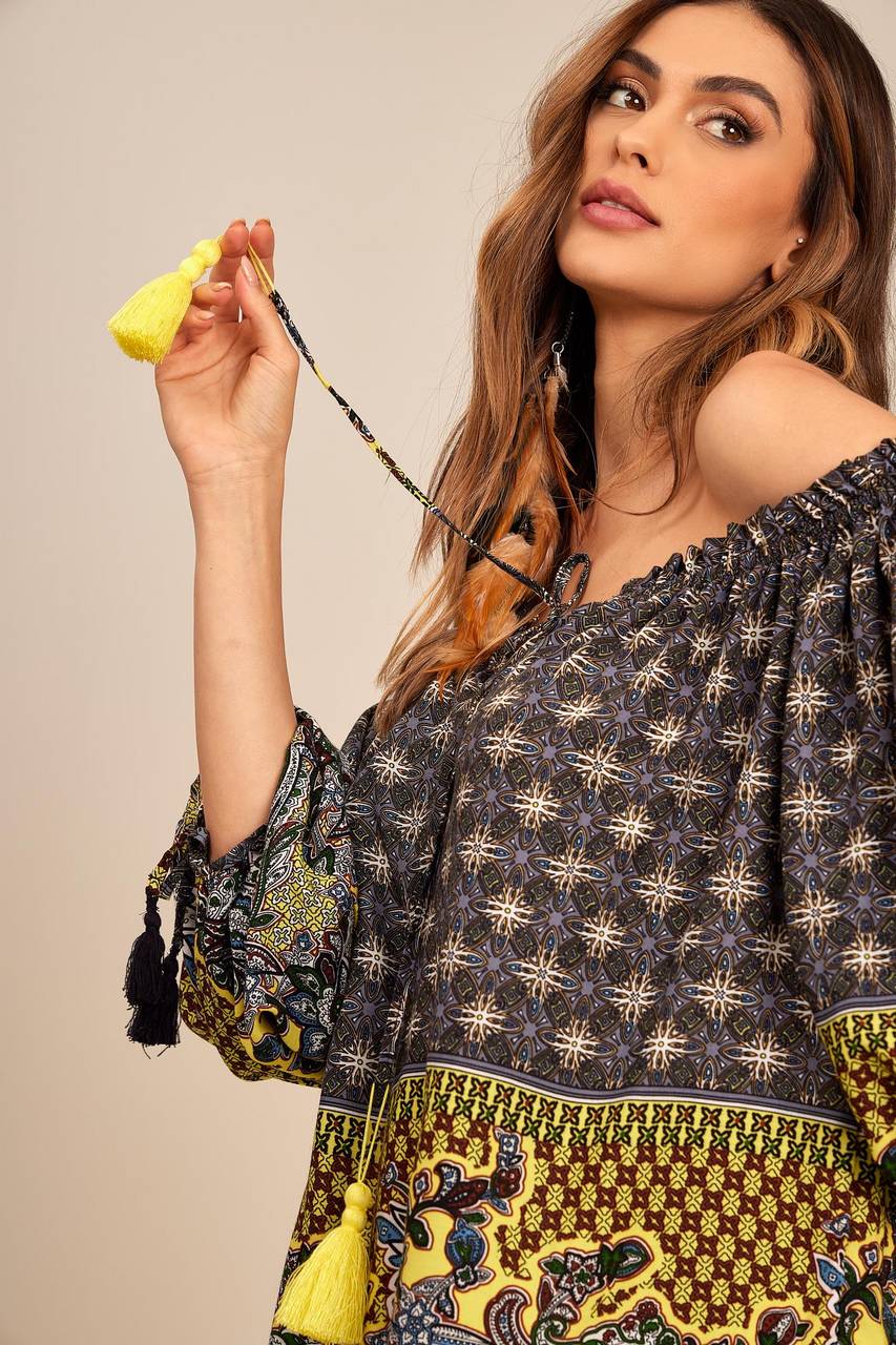 Yacamim Gray and Yellow Printed Long-Sleeved Peasant Blouse