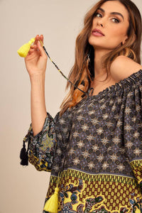 Yacamim Gray and Yellow Printed Long-Sleeved Peasant Blouse