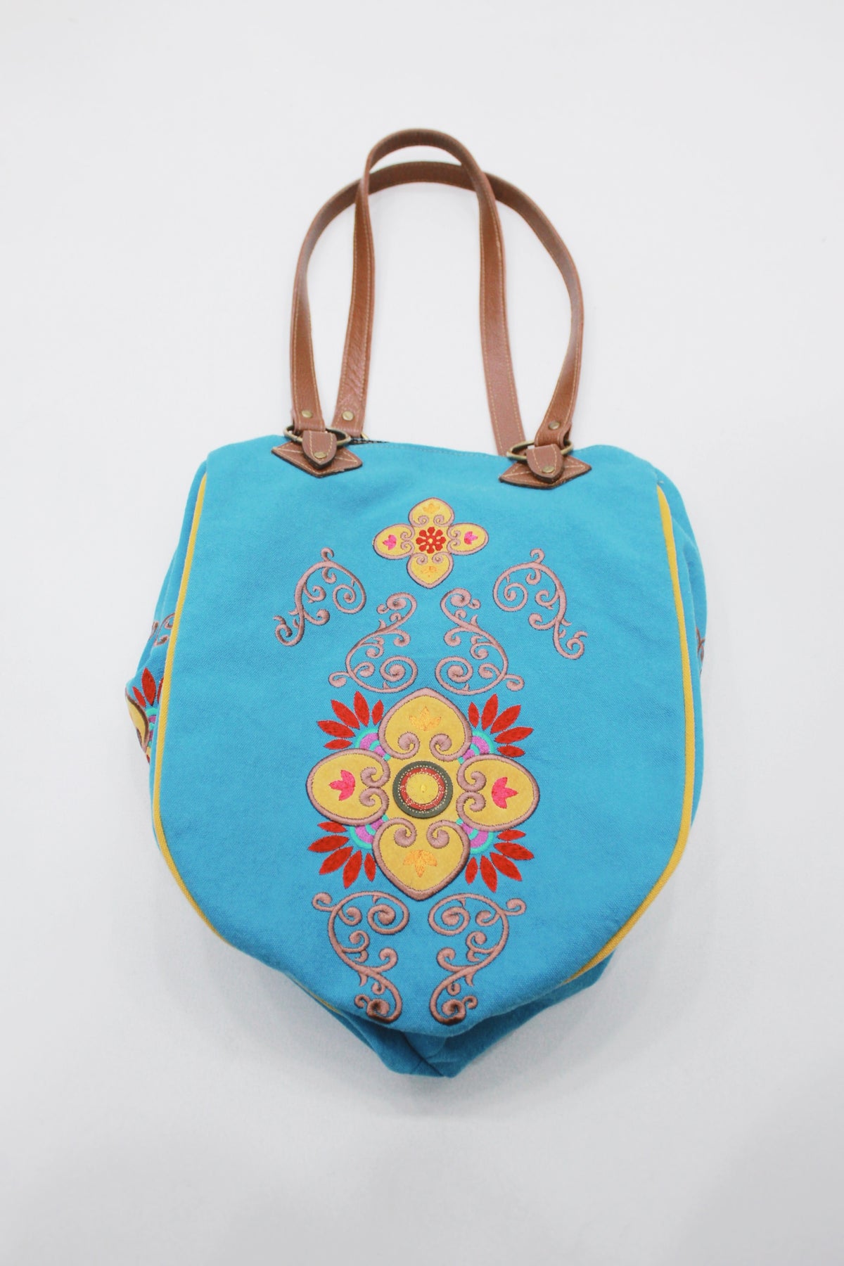 Yacamim Large Handmade Canvas Bag with Light Blue Embroidery #526
