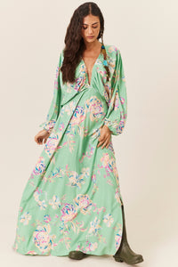 Vestido Longo Decote V Verde Claro Estampado Yacamim D5