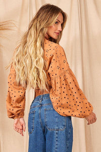 Light Brown Broderie Cropped Blouse with Puff Sleeves Yacamim