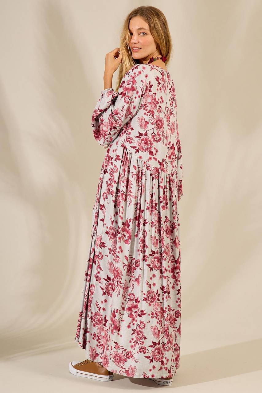 Long Dress with Asymmetrical Cut Gray Burgundy Floral Print Yacamim