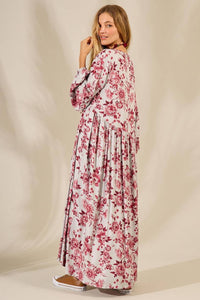 Long Dress with Asymmetrical Cut Gray Burgundy Floral Print Yacamim